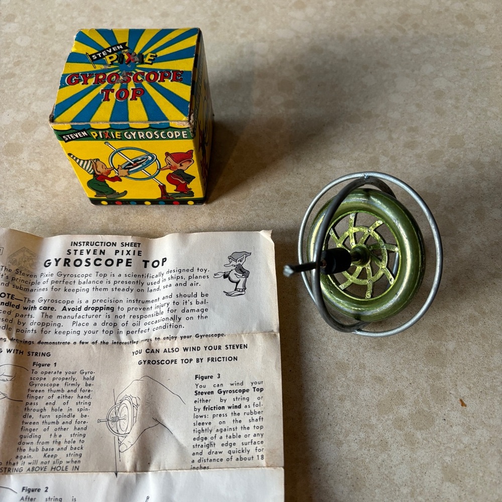 Antique toy Pixie Gyroscope top by Stevens co. with original box